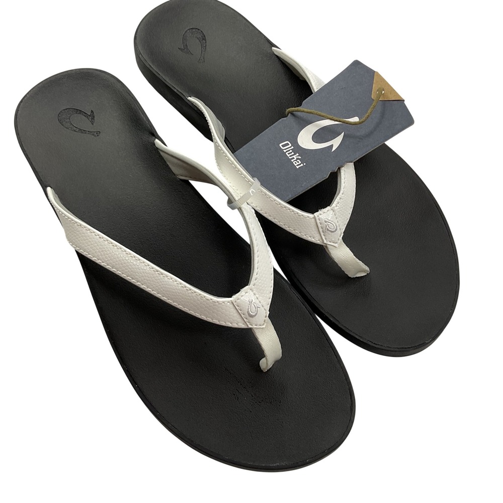 OluKai Puawe Women 11 White Black Flip Flop Sandals 20498-4R40 New